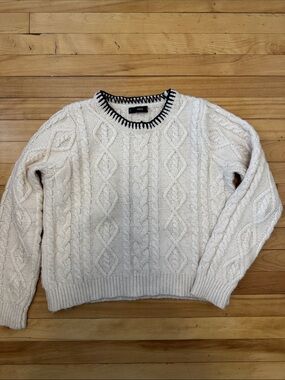 Mango Cream Cable-Knit Sweater with Black-Trim Crew Neck